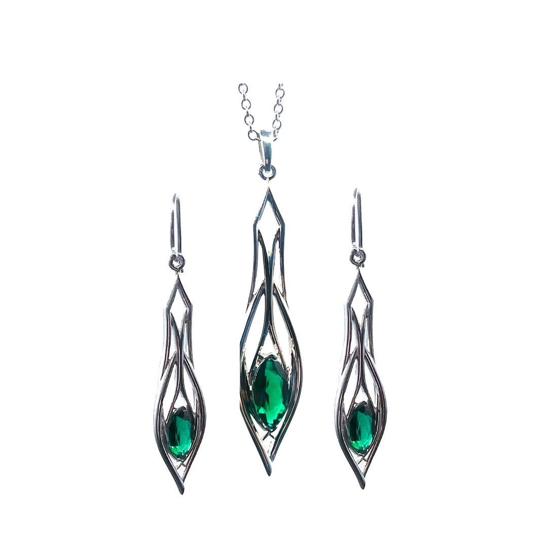 PSMS1039 Sterling Silver & Created Emerald Earrings & Pendant Set
