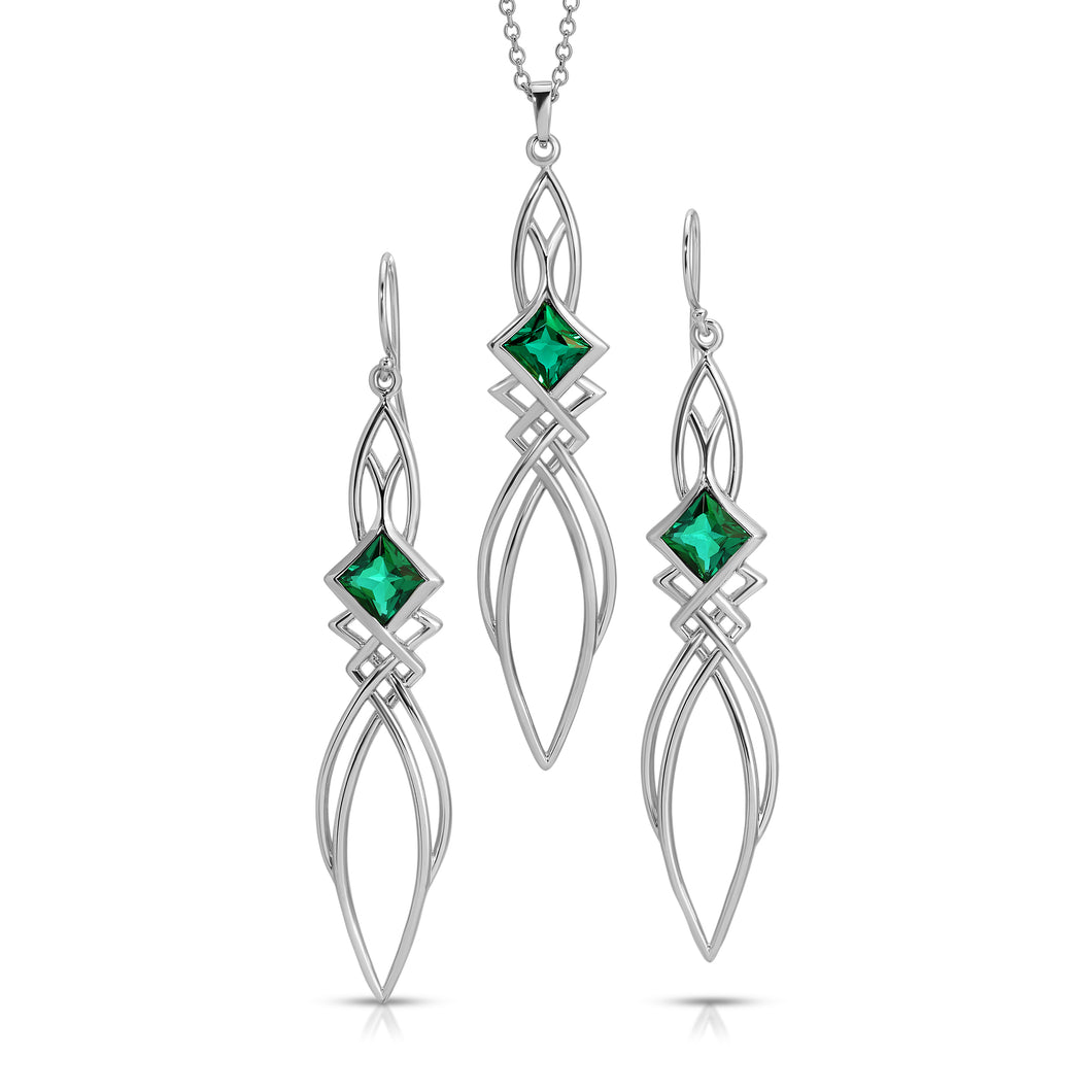PSMS1037 Sterling Silver & Created Created Emerald Earrings & Pendant Set