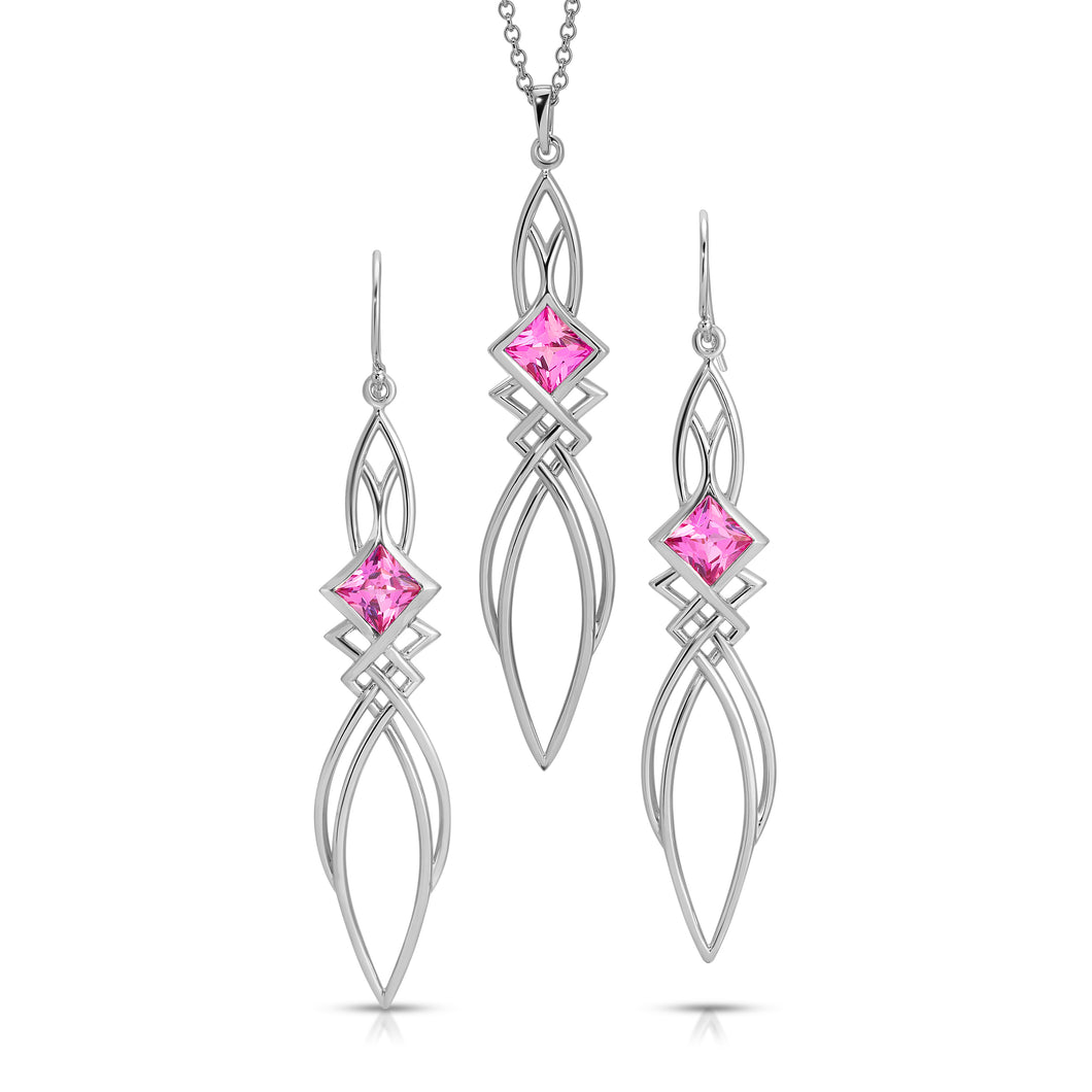 PSMS1037 Sterling Silver & Created Pink Sapphire Earrings & Pendant Set