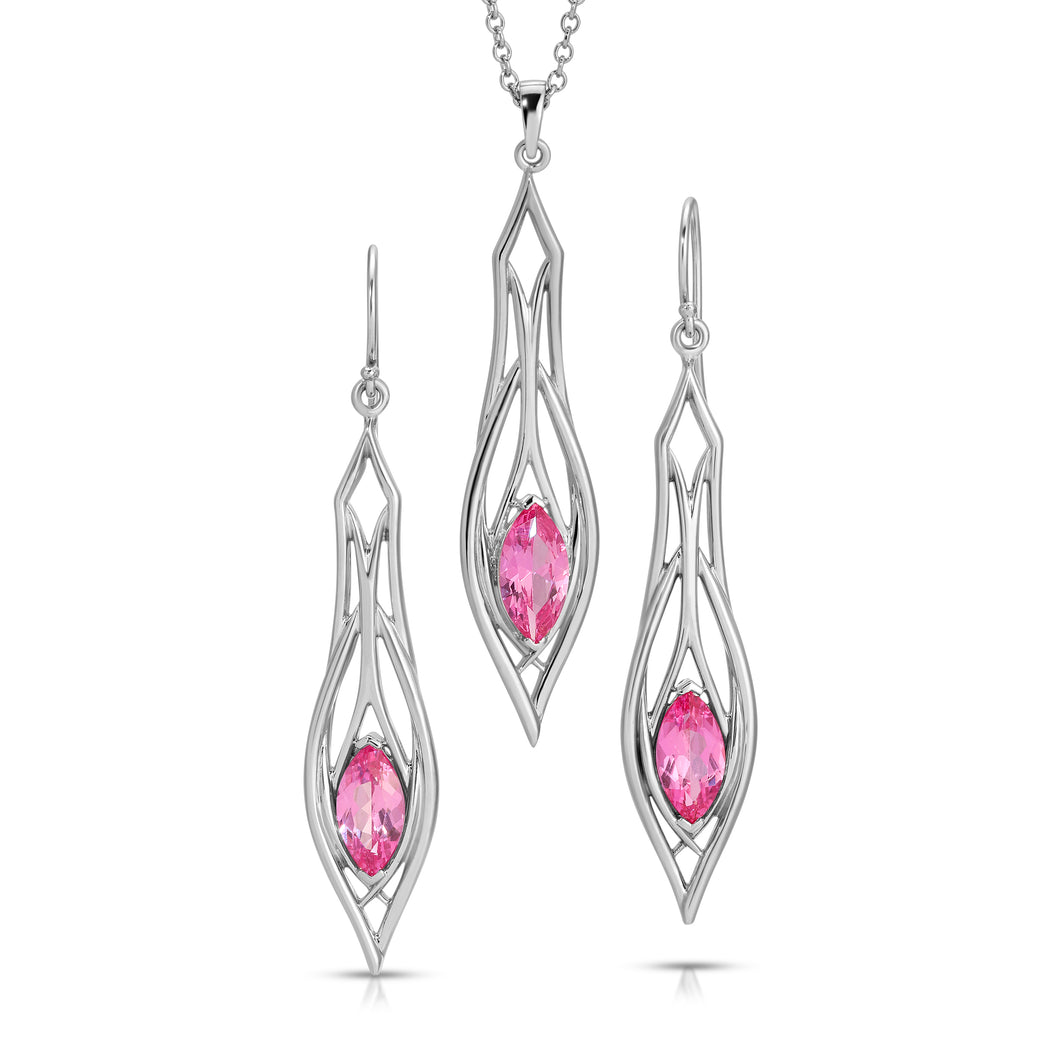 PSMS1039 Sterling Silver & Created Pink Sapphire Earrings & Pendant Set