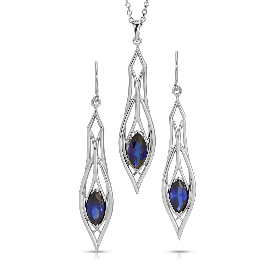 PSMS1039 Sterling Silver & Created Sapphire Earrings & Pendant Set