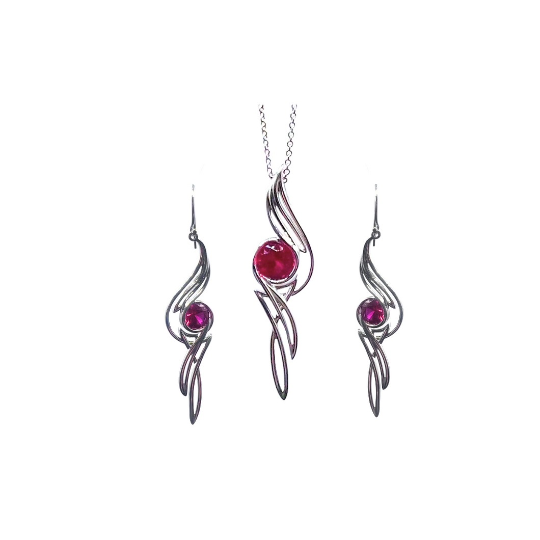 PSMS1016 Sterling Silver Created Ruby Earrings & Pendant Set